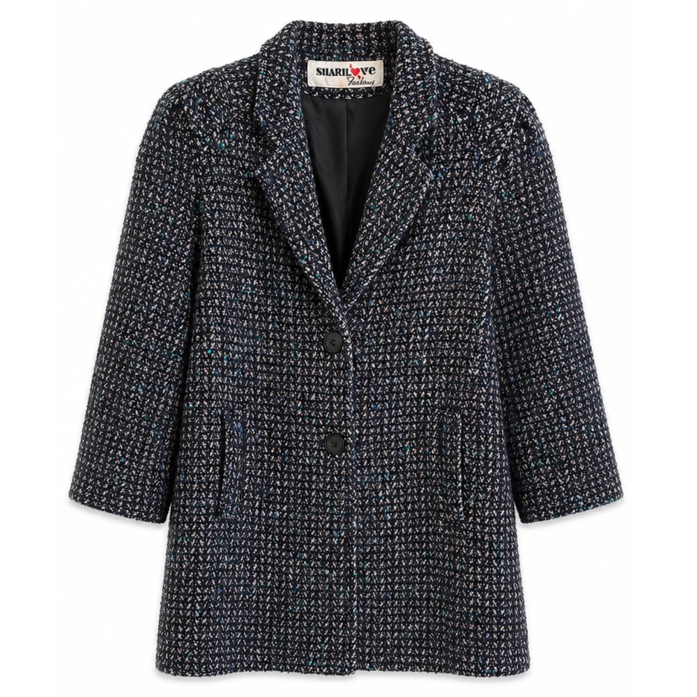 Sharilove Fashions Navy Blue Multi Tweed Blazer‎ Jacket Puff Shoulder Vintage XL